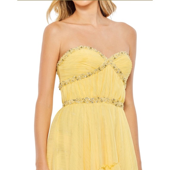 NWT Mac Duggal 68096 Strapless High Low Dress Lemon Yellow Shimmer Chiffon Sz 6 - Picture 3 of 14